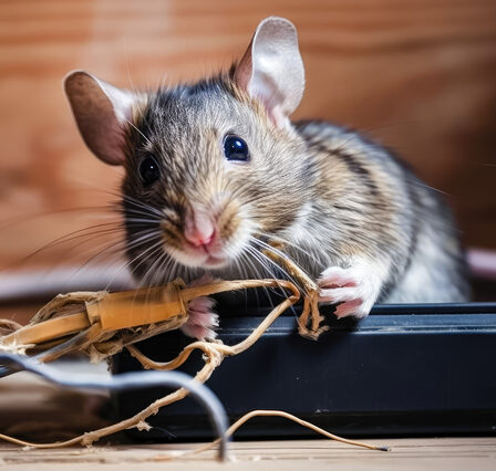 A small gray mouse caught in the act as it gnaws on electrical wires, posing a potential danger. illustration created by Generative AI