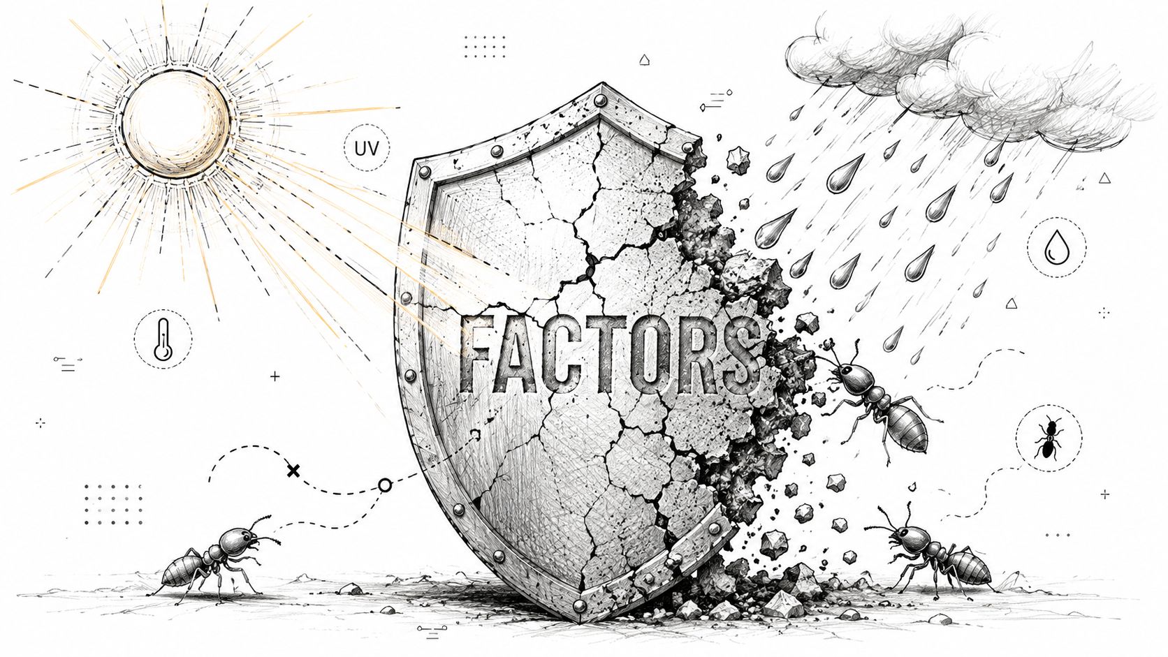 A cracked shield protecting against environmental factors like sun, rain, and ants in a sketch illustration.