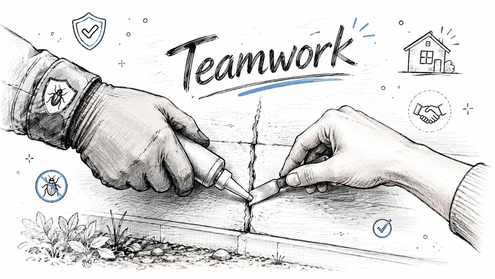 Two people working together to repair a crack in a foundation with sealant and a putty knife.