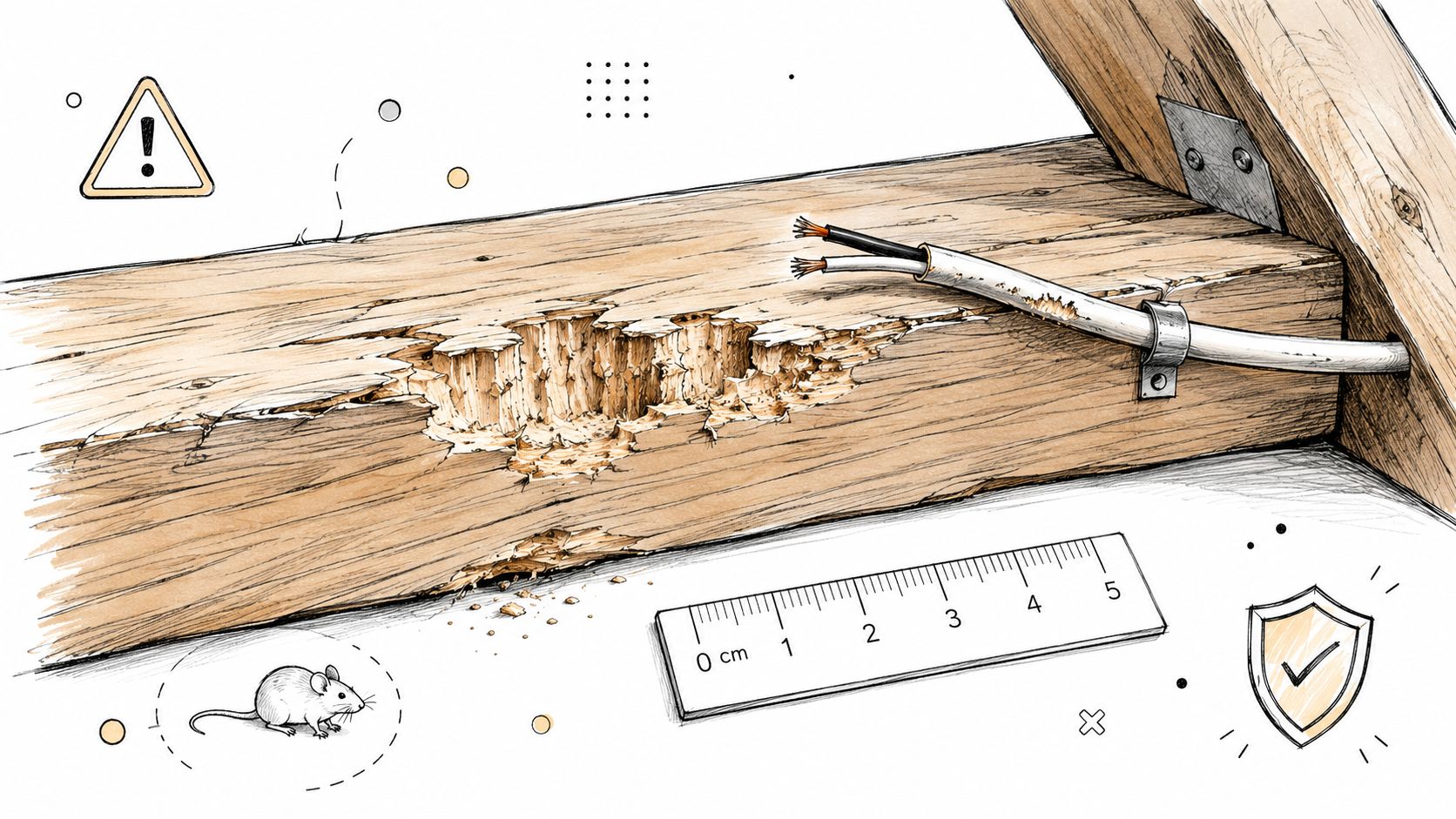 A wooden attic beam shows signs of rodent damage alongside an exposed, chewed electrical wire.