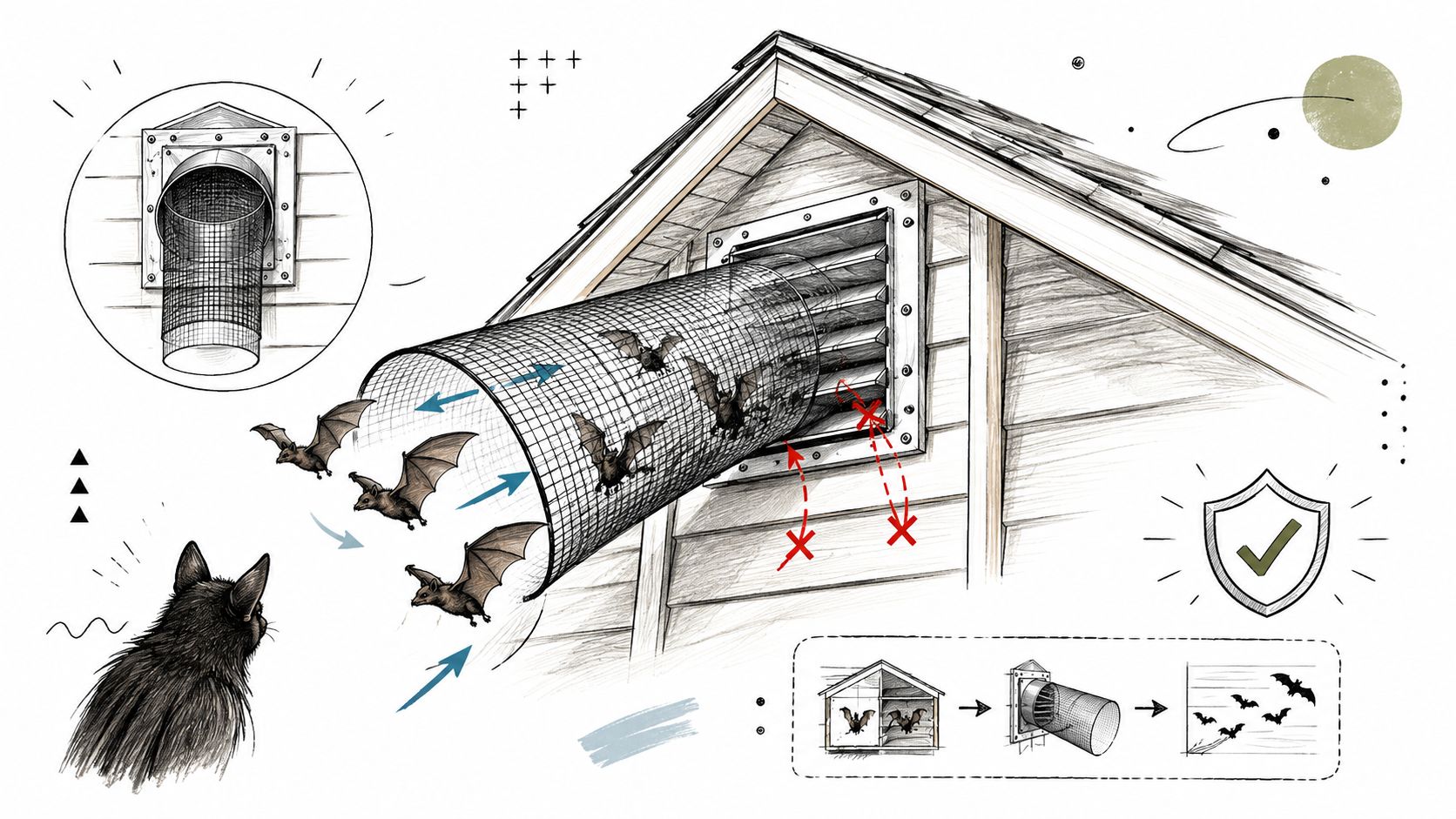 A diagram illustrating the method for safely removing bats from an attic using a one-way exit device.