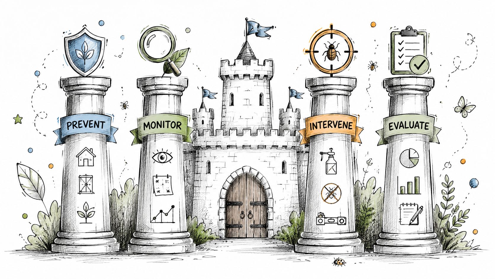 A hand-drawn illustration depicting four pillars representing the four stages of Integrated Pest Management: prevent, monitor, intervene, and evaluate.