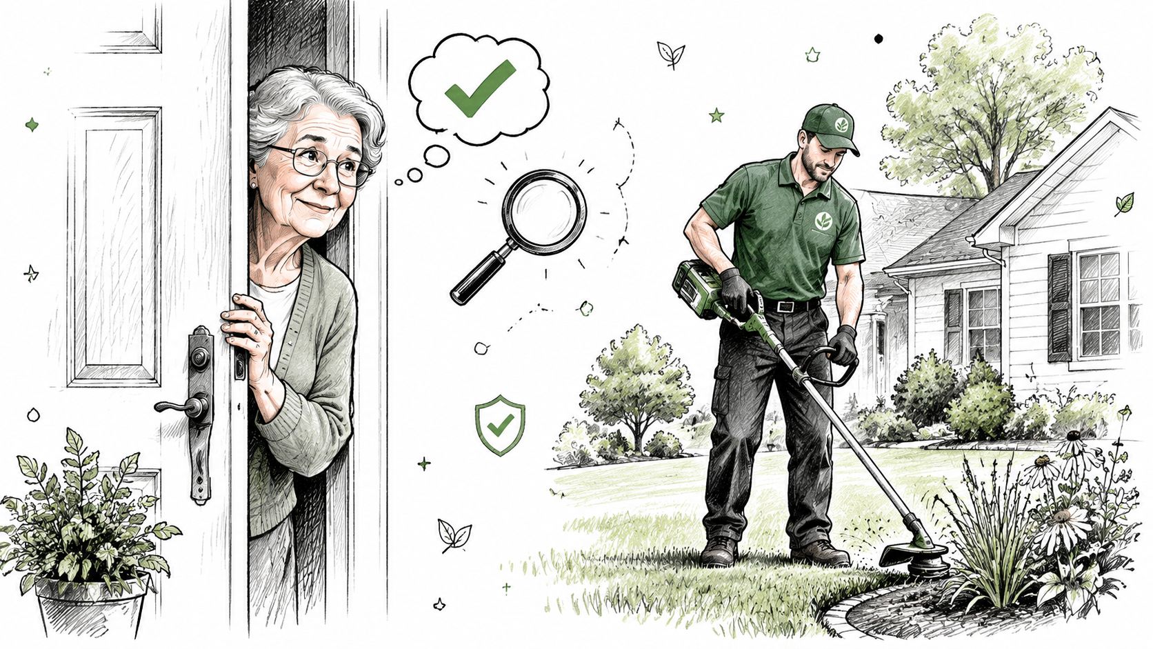 An elderly woman watching a professional landscaper trimming grass in her yard during lawn care service.