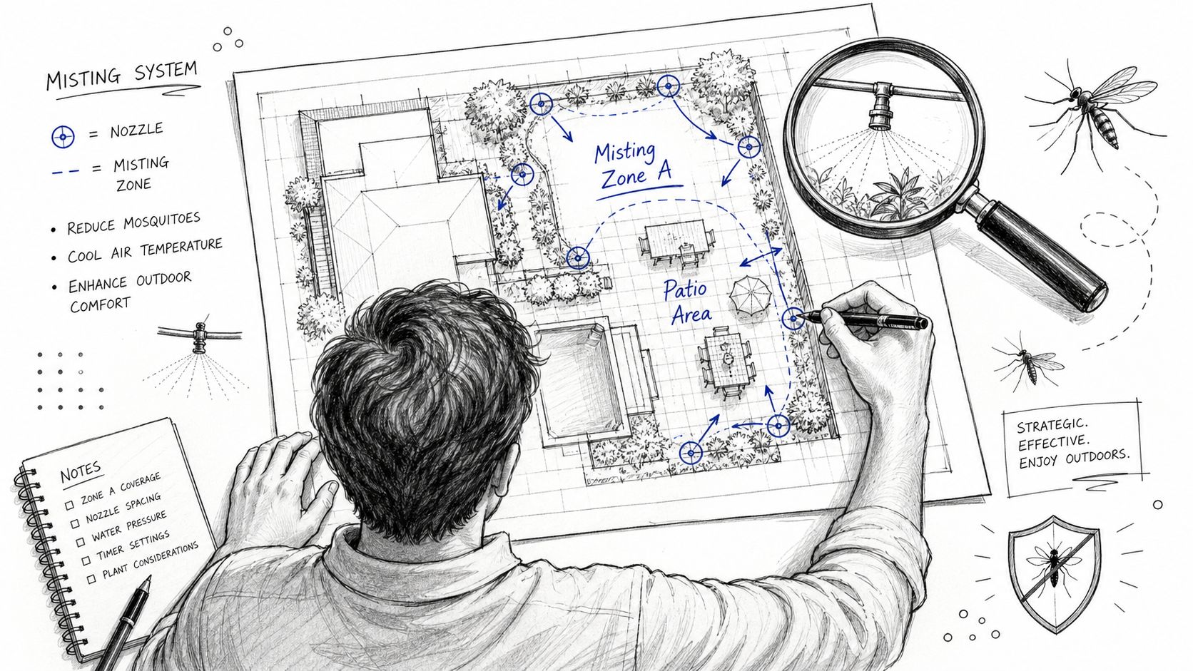 A person drawing a mosquito misting system installation plan for a backyard patio area using a blueprint.