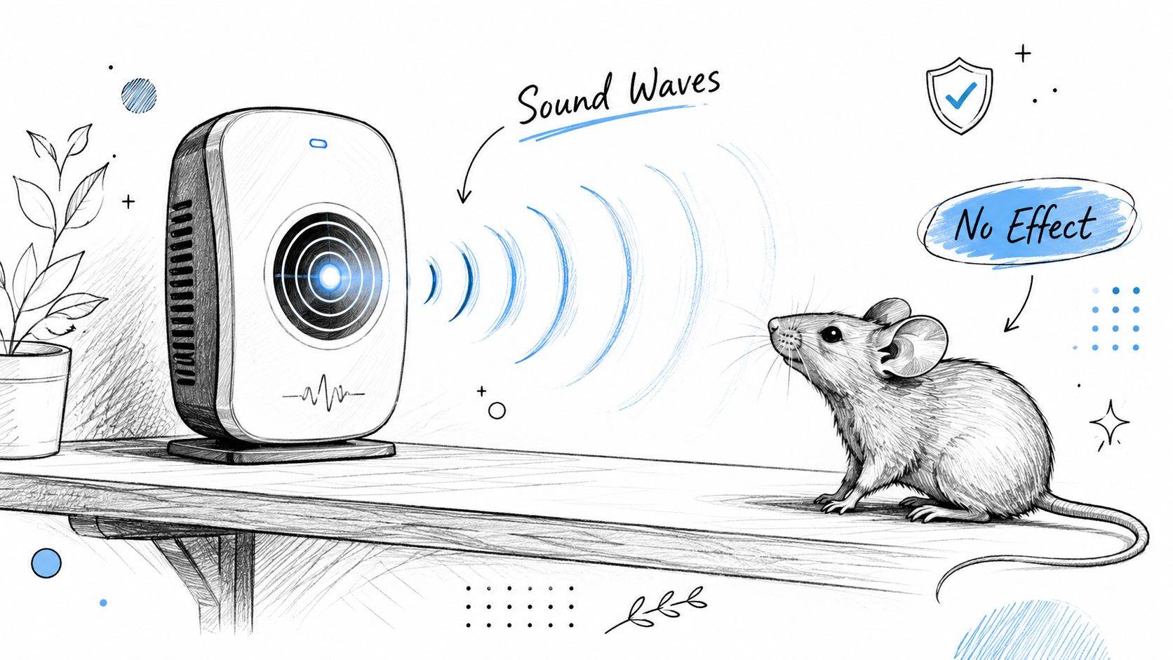 A digital illustration showing a sonic mouse repellent device emitting sound waves toward a calm house mouse.