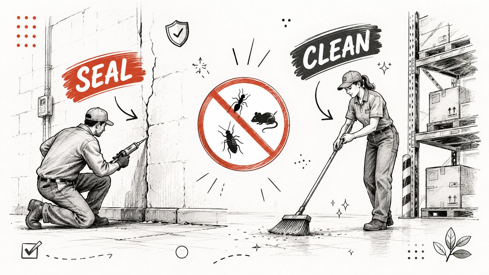 A professional illustration showing pest control steps: a man sealing a wall and a woman cleaning warehouse.