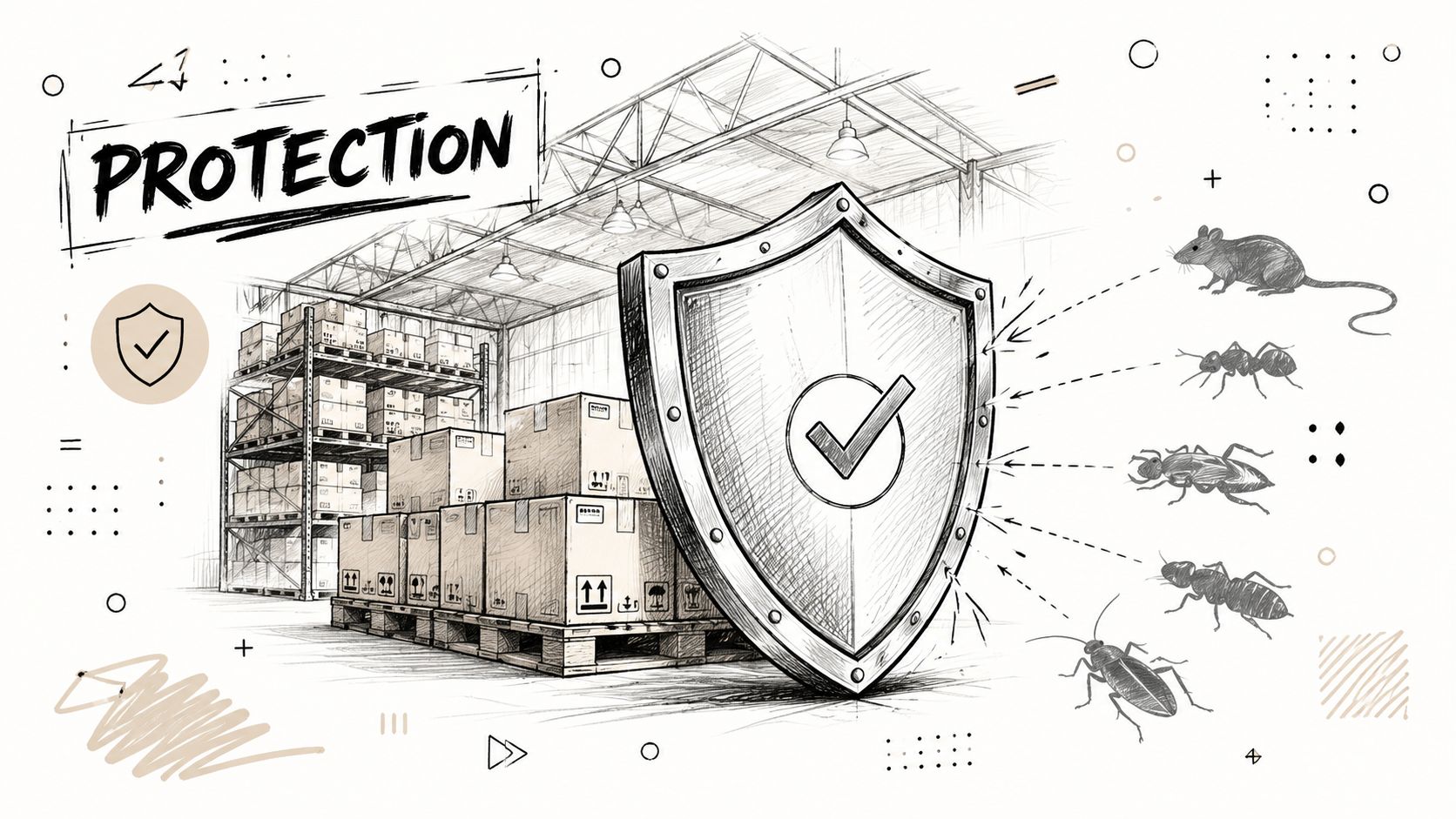 A conceptual sketch showing a shield protecting warehouse goods from rats, ants, beetles, and cockroaches.