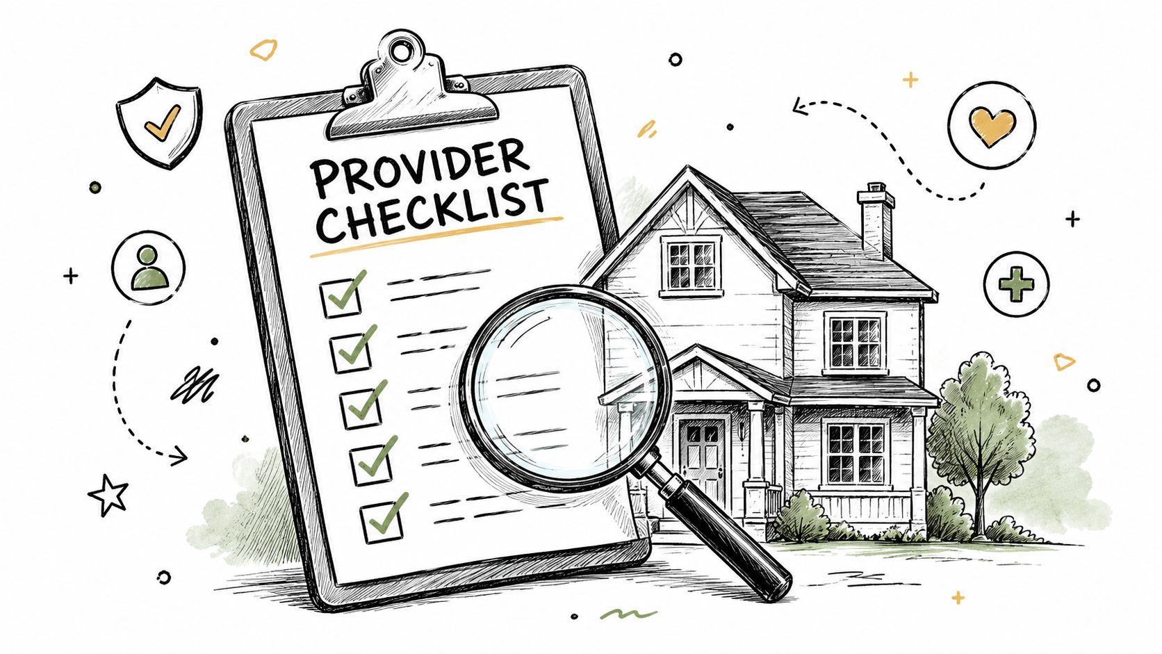 A checklist for lawn treatment providers with a magnifying glass held over a house illustration.