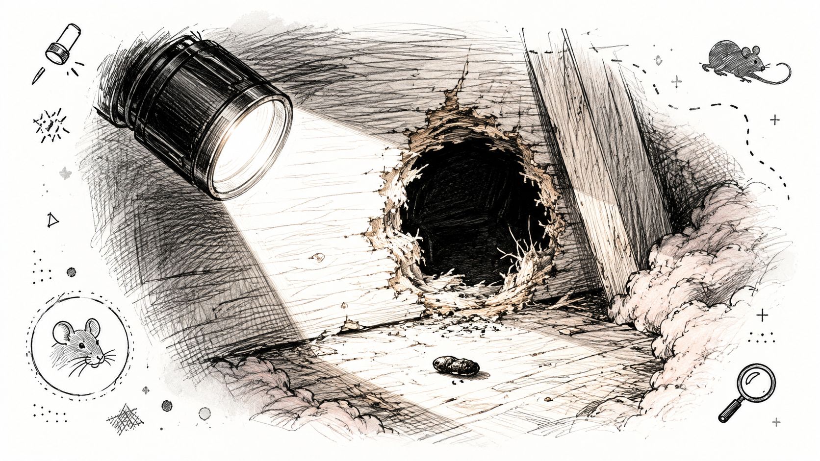 A sketched illustration of a dark crawlspace hole in a wall illuminated by a flashlight beam.