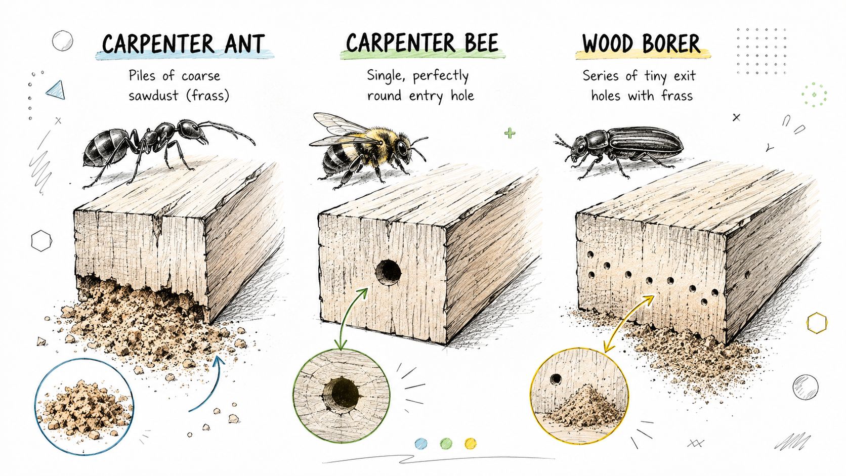 An educational illustration comparing wood-damaging insects, including a carpenter ant, carpenter bee, and wood borer, showing their damage.