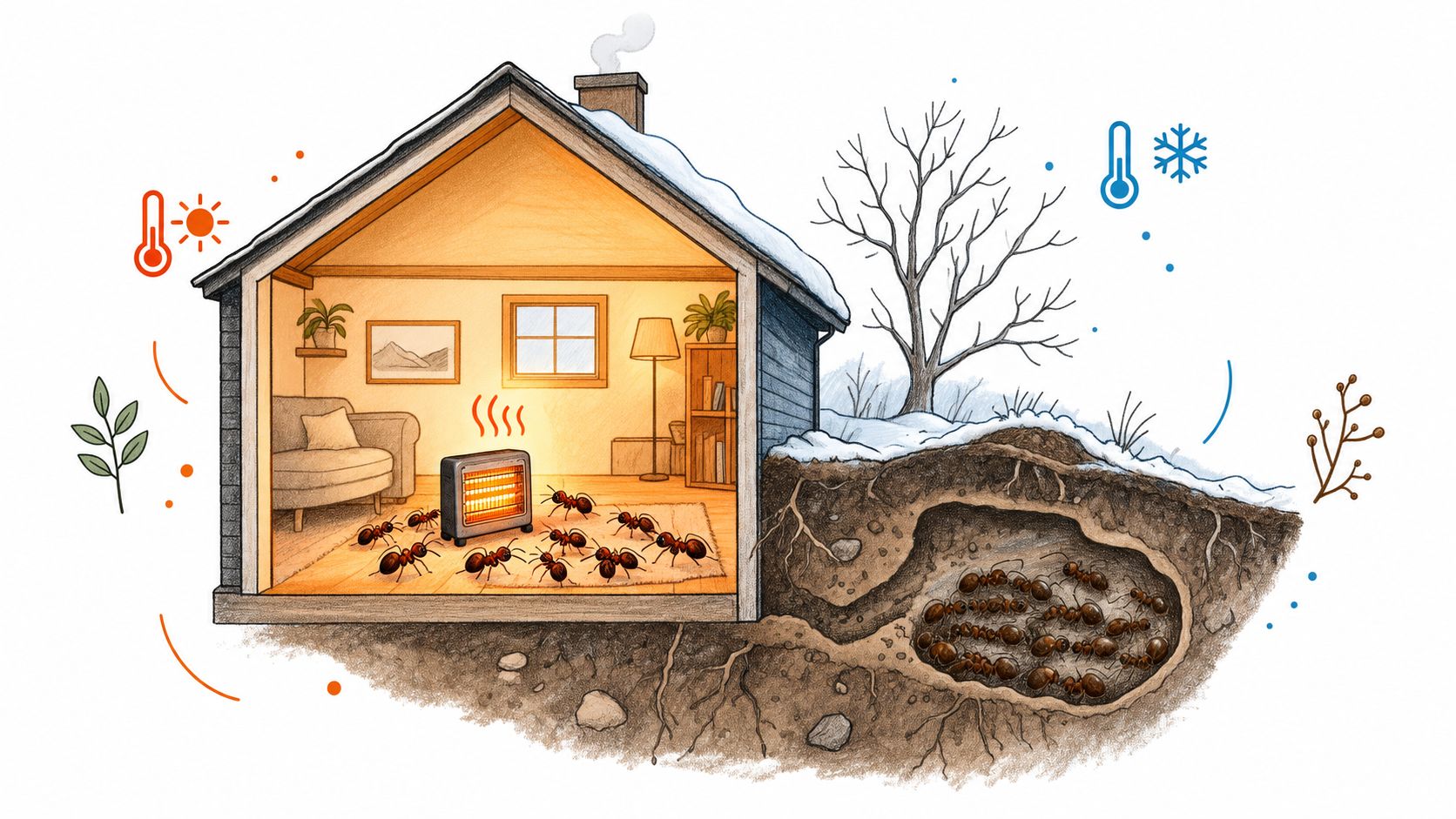 A cross-section illustration showing ants inside a warm house during winter while others hibernate underground.