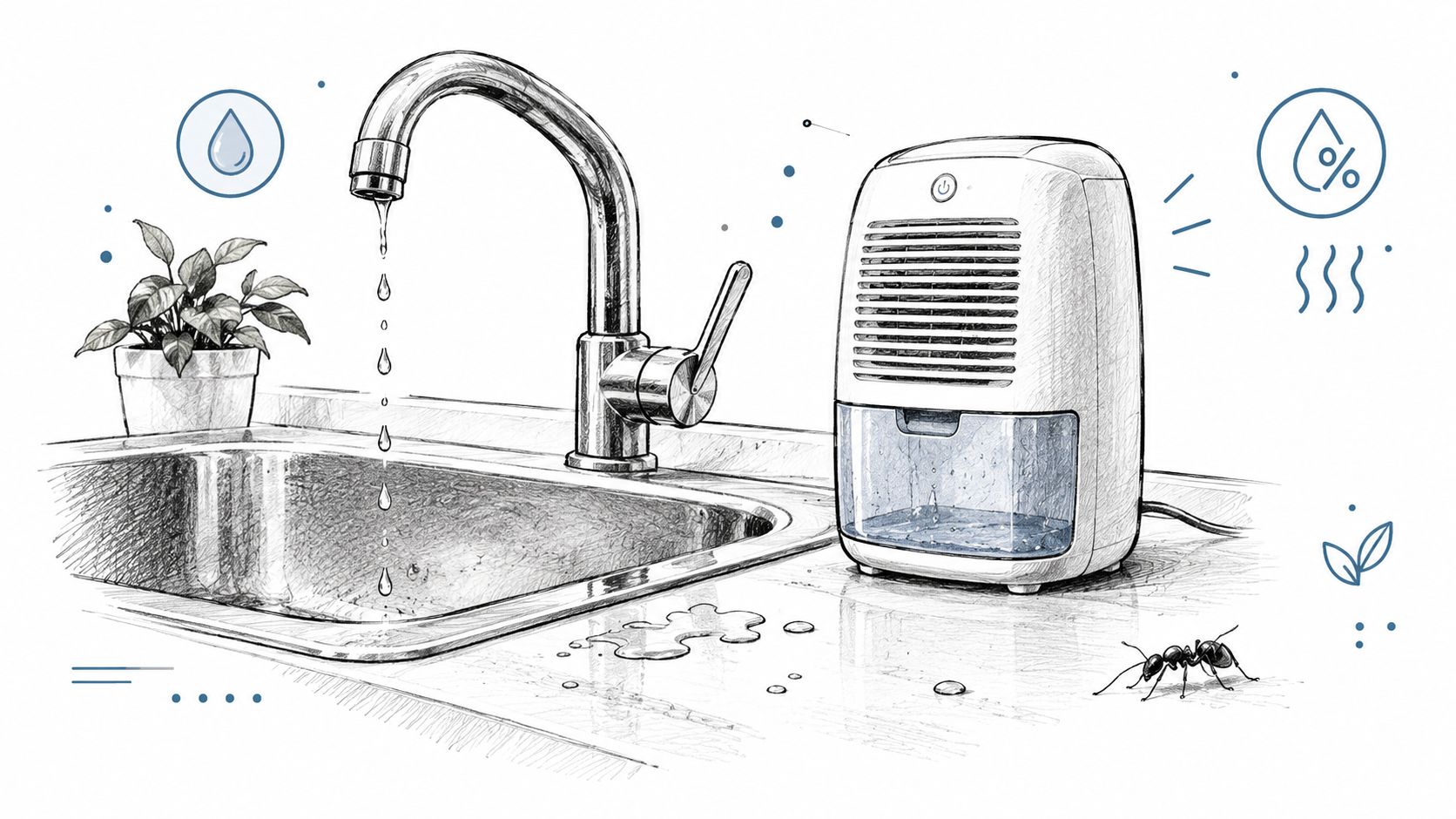 A line-art illustration showing a kitchen sink, a dehumidifier, a potted plant, and a small ant nearby.