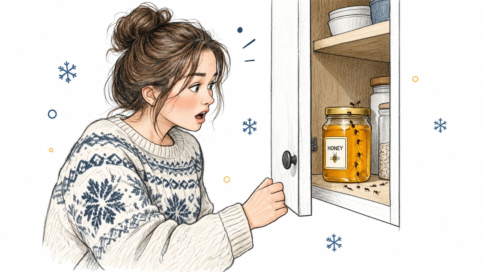 A shocked young woman in a winter sweater discovers a trail of ants on her honey jar.