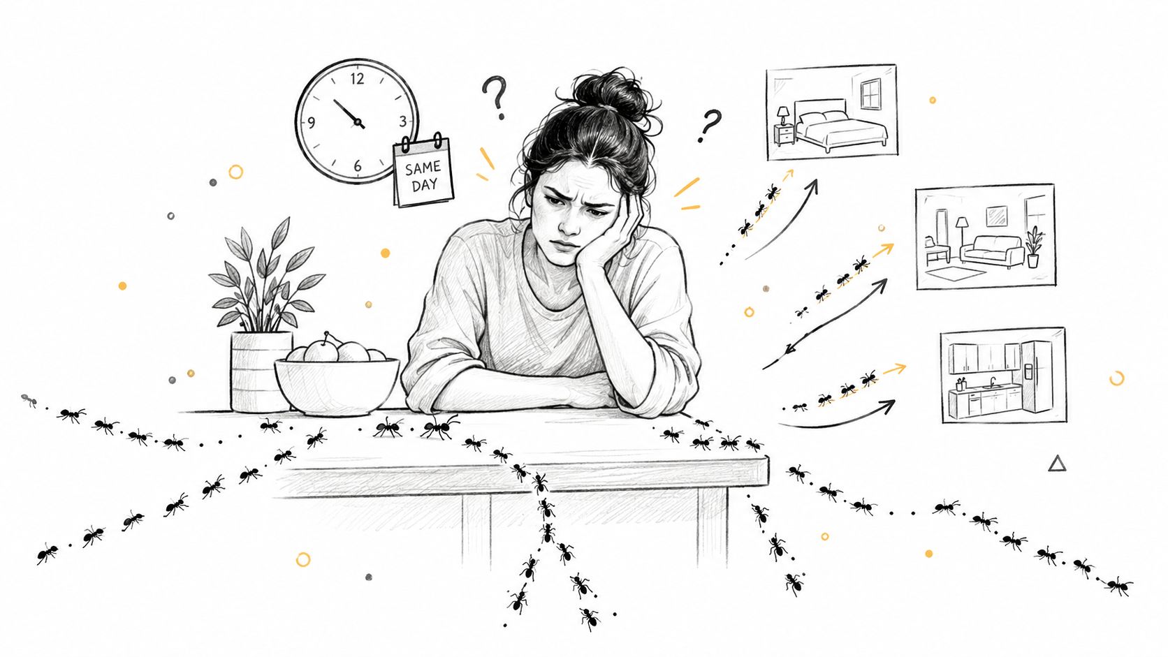 A distressed woman sits at a kitchen table while ants crawl across the surface towards different rooms.