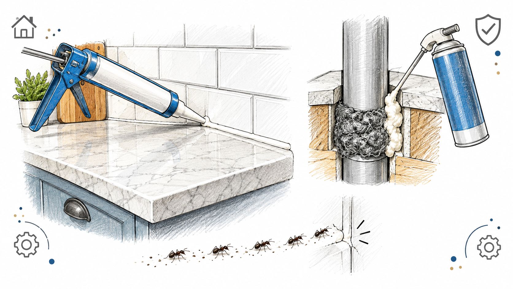 A hand-drawn illustration showing how to seal gaps in kitchen counters and pipes to prevent ants.