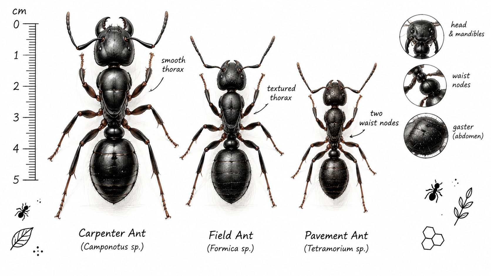 Comparison chart of three common black ant species including Carpenter, Field, and Pavement ants with scale.