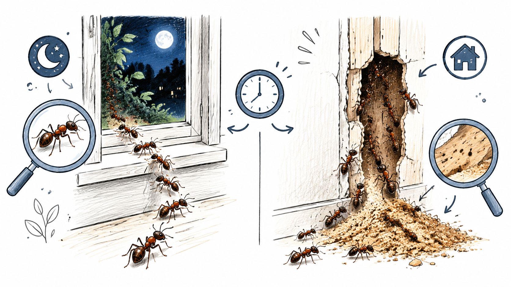 A split illustration showing ants entering a house through a window and nesting inside the wall structure.