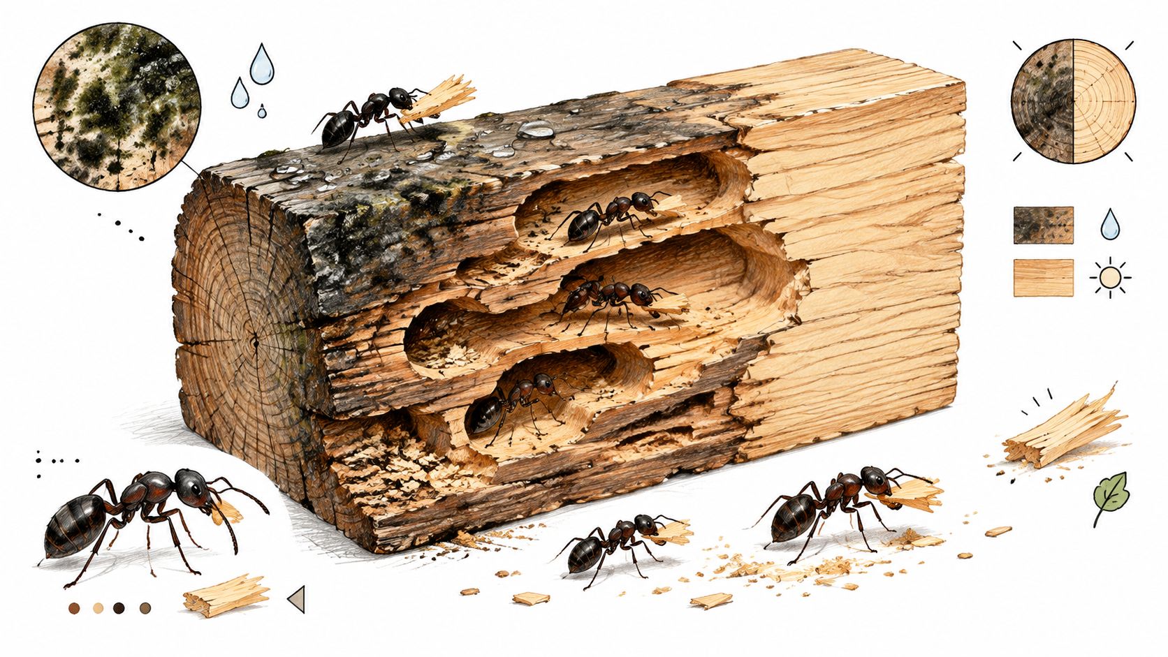 A detailed illustration showing carpenter ants excavating tunnels and removing wood shavings from a damp log.