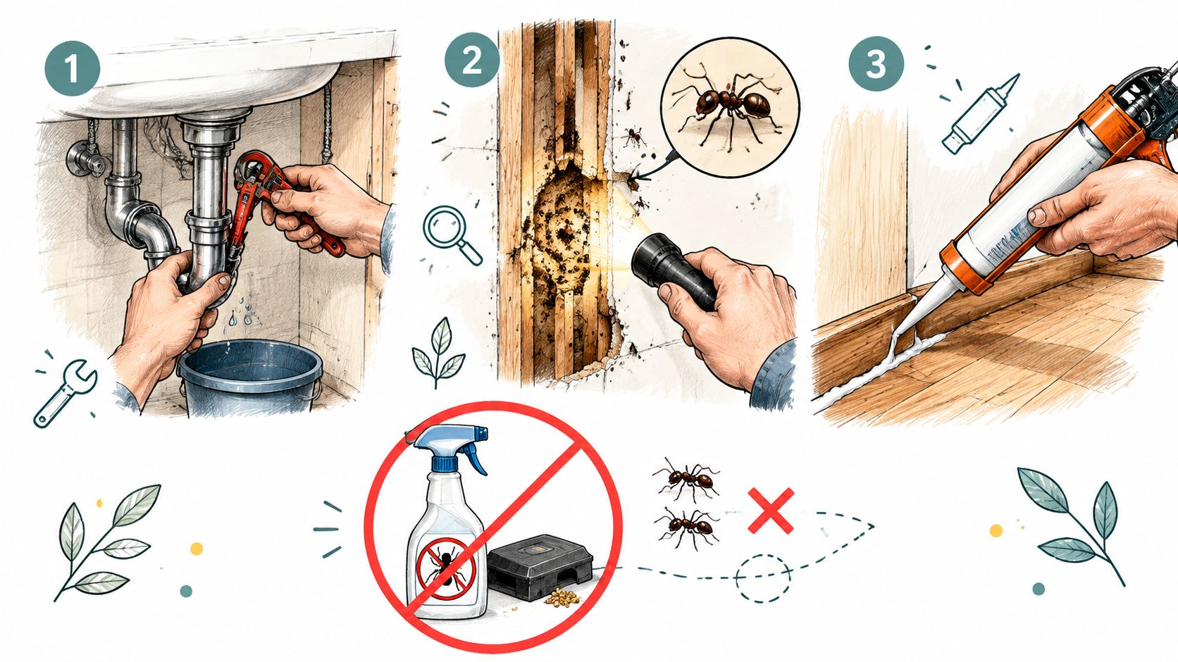 An infographic showing steps to prevent and control big black ants in a house using repairs and sealing.