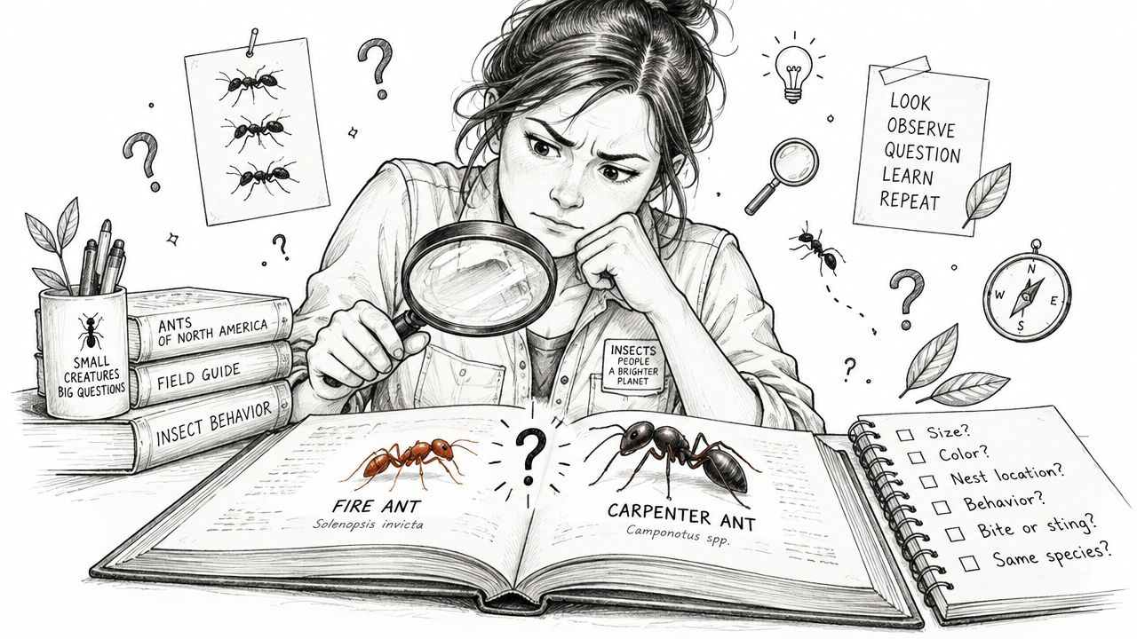 A scientist uses a magnifying glass to study and compare a red fire ant and black carpenter ant.