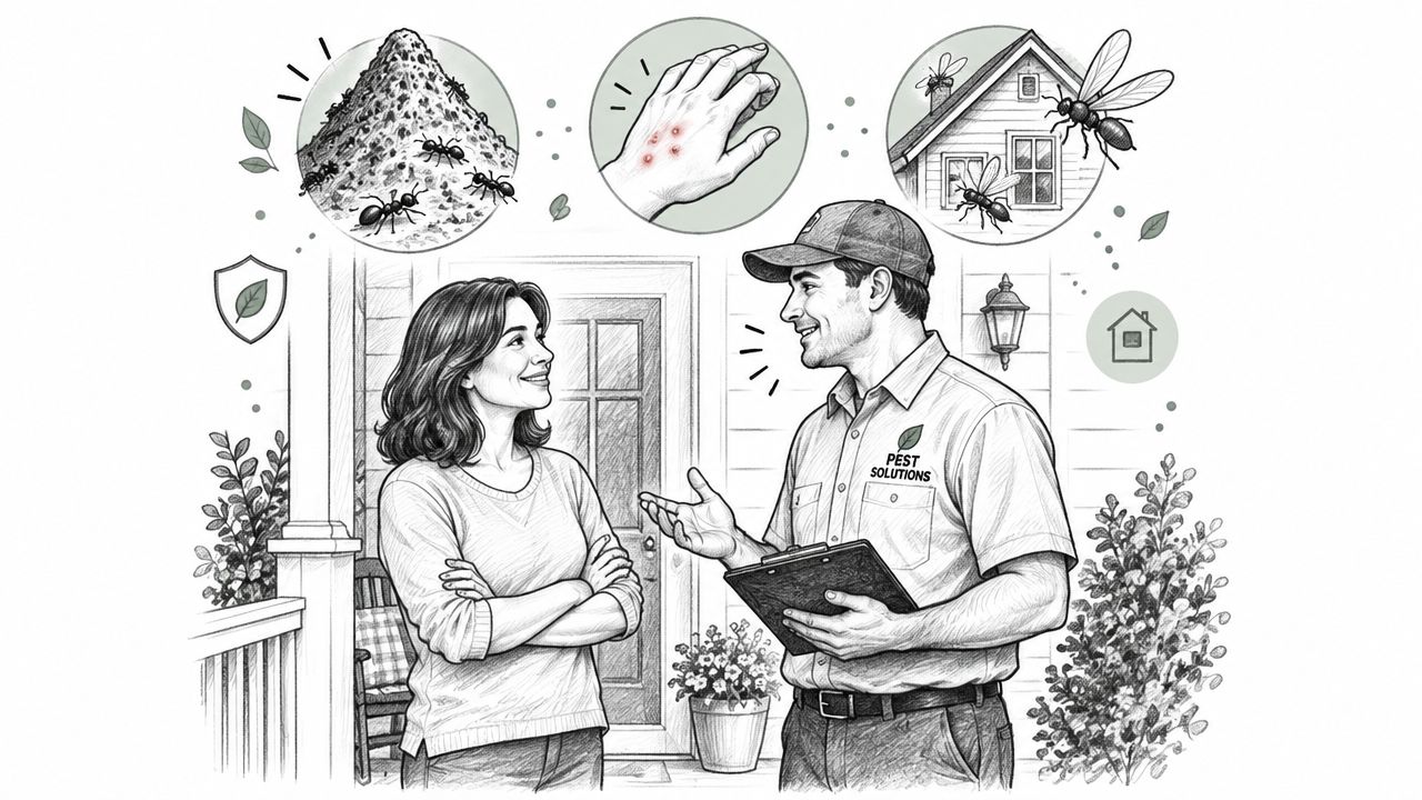 A pest control professional talks to a homeowner about problems with black and red ant infestations.