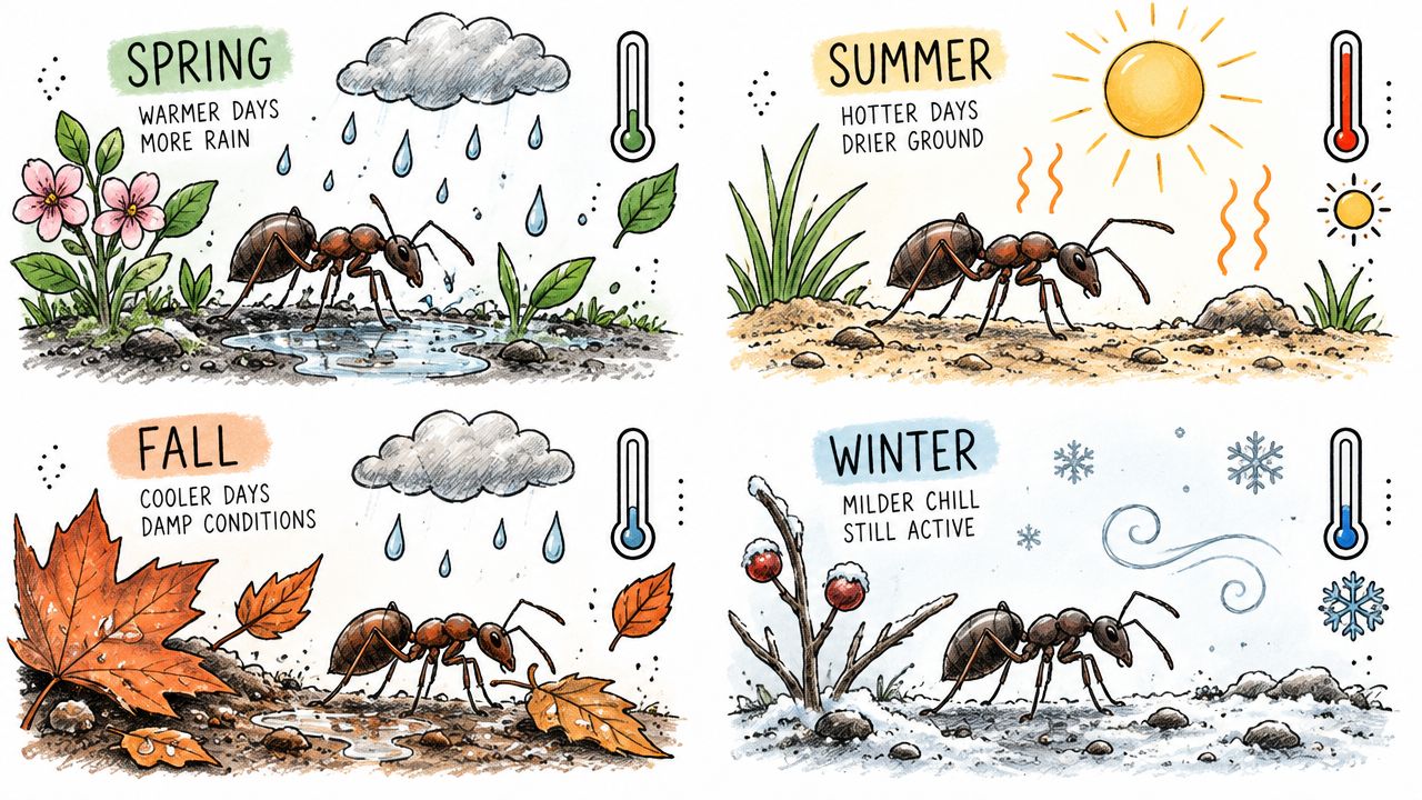 A diagram illustrating the four seasons and their typical weather conditions affecting black ant activity.