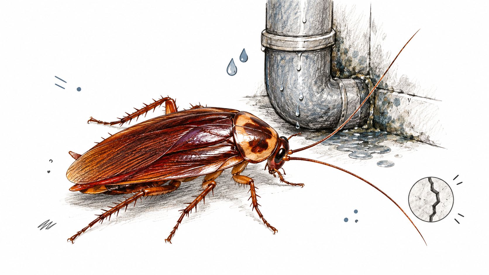 A detailed illustration of a cockroach near a leaking pipe and a wall crack indicating infestation.