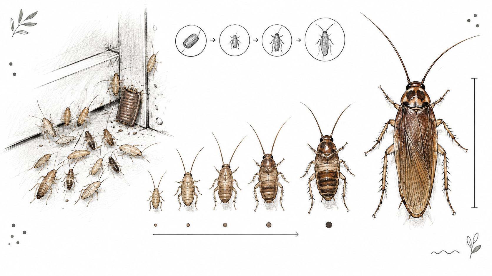 A detailed illustration showing the life cycle and growth stages of a cockroach from egg to adult.