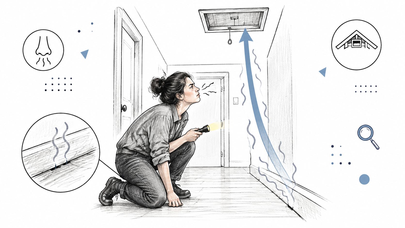 A woman inspecting a hallway while looking for the source of a bad smell coming from above.