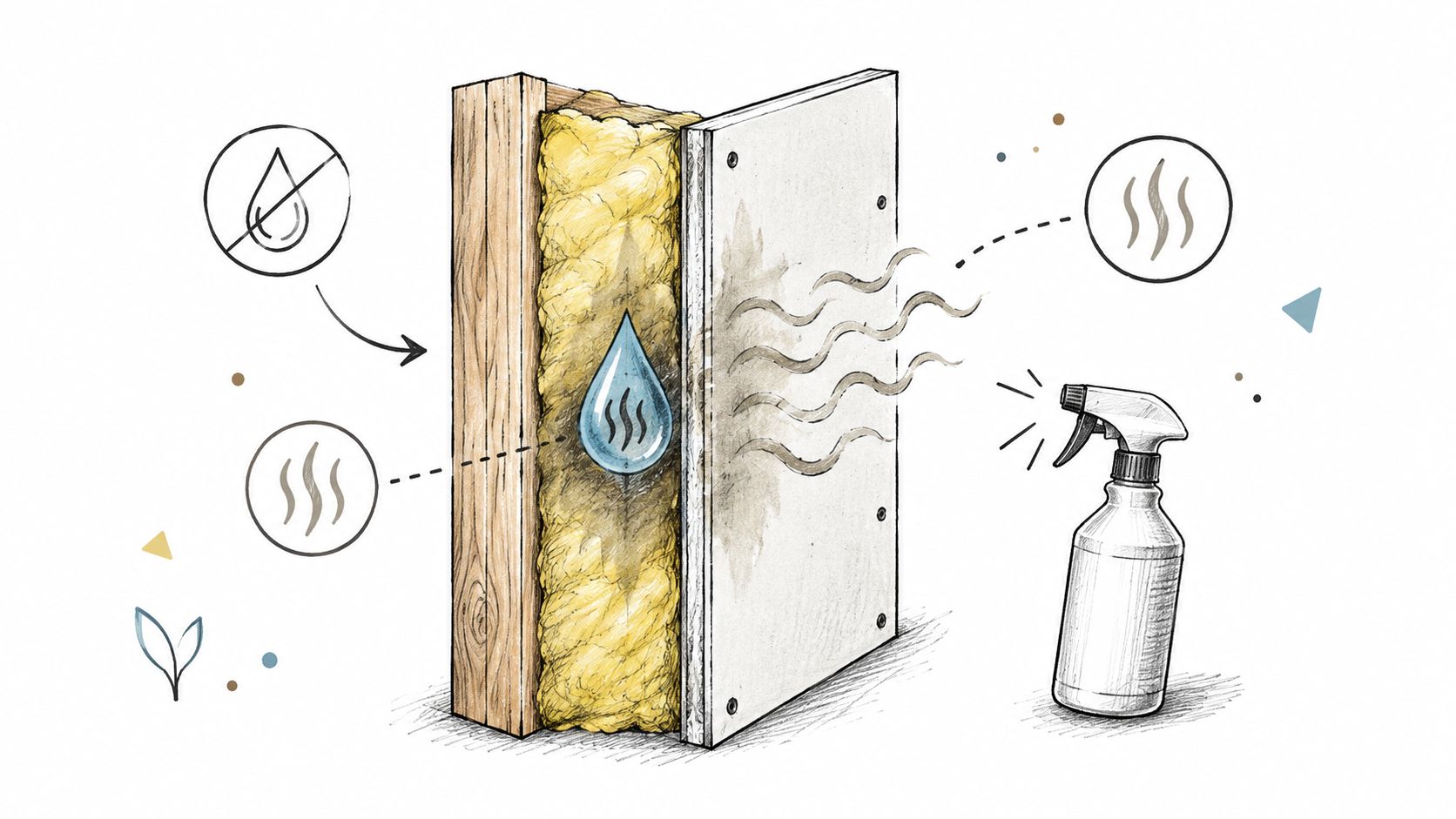 A diagram showing how moisture and odors penetrate home wall insulation, causing indoor air quality issues.