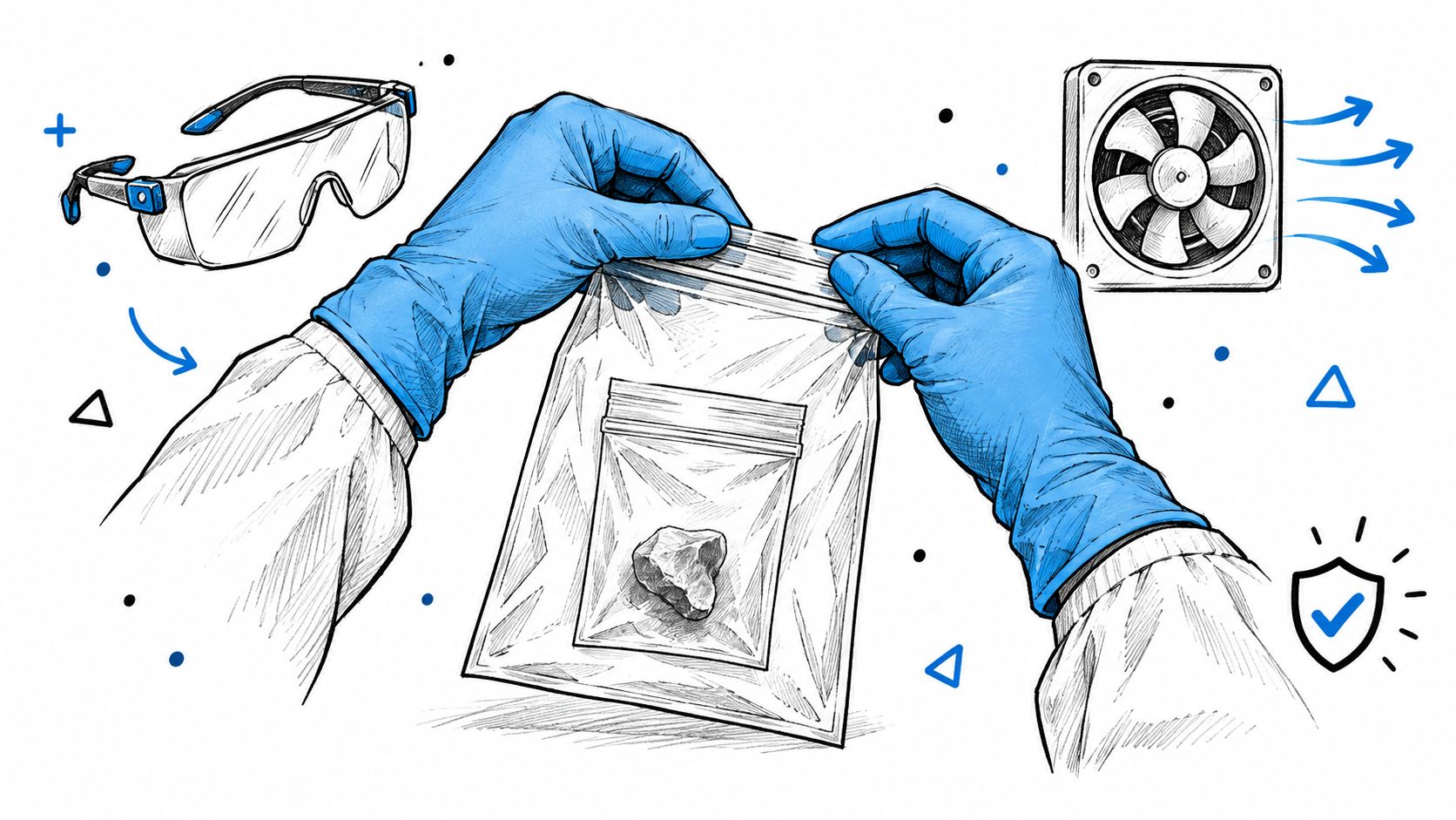 A person in blue protective gloves seals a plastic bag containing a rock specimen for testing.