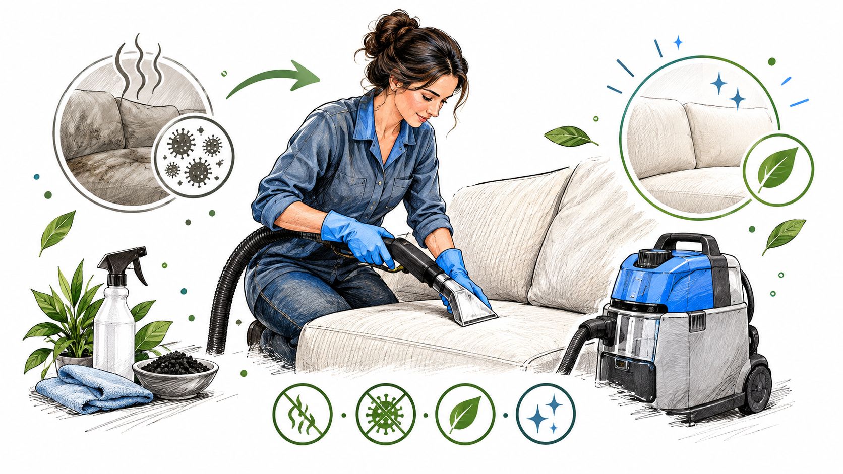 A professional cleaner using a specialized steam vacuum to deep clean a soiled sofa in a home.