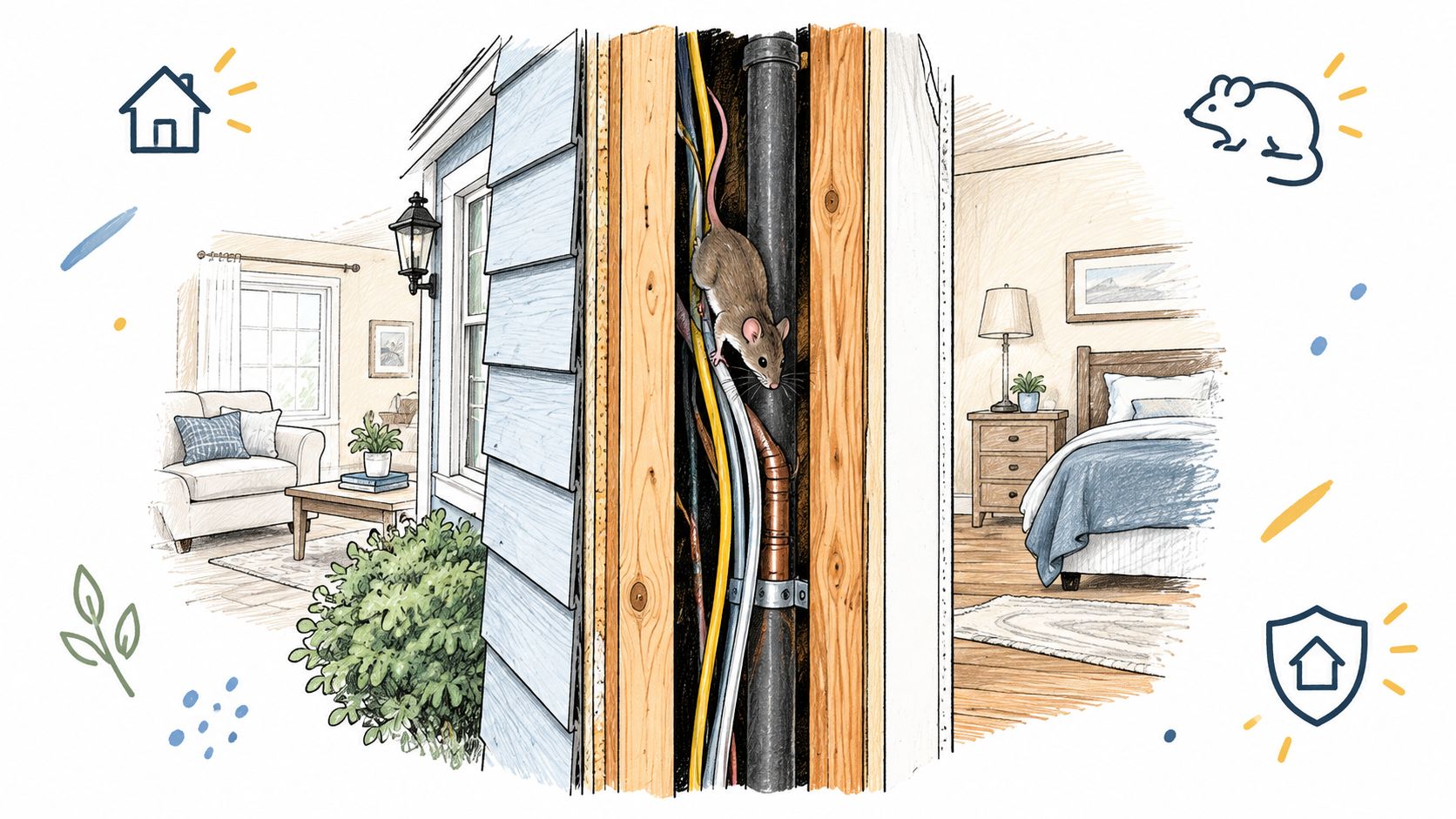 A cutaway illustration of a house wall showing a mouse crawling between wooden studs and wires.