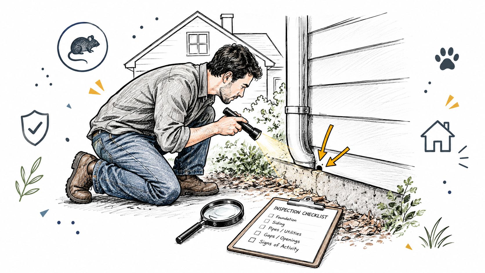 A professional inspector examines a home foundation exterior for potential entry points to prevent rodent infestations.