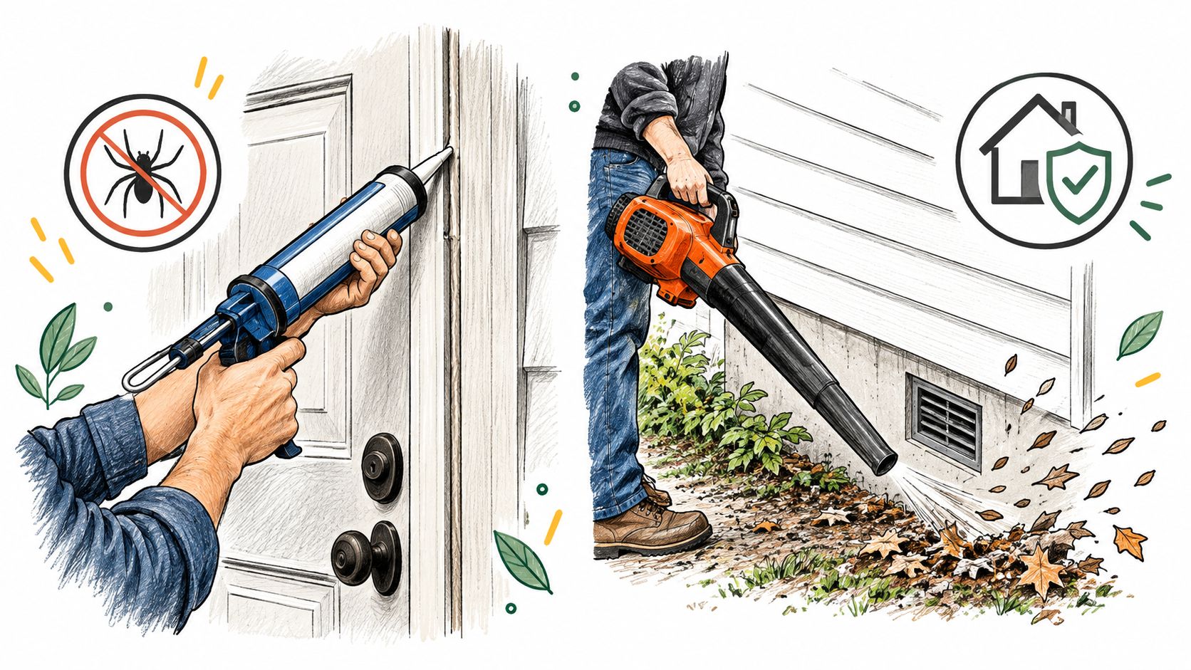 A person sealing a door frame with caulk and another using a leaf blower near home vents.