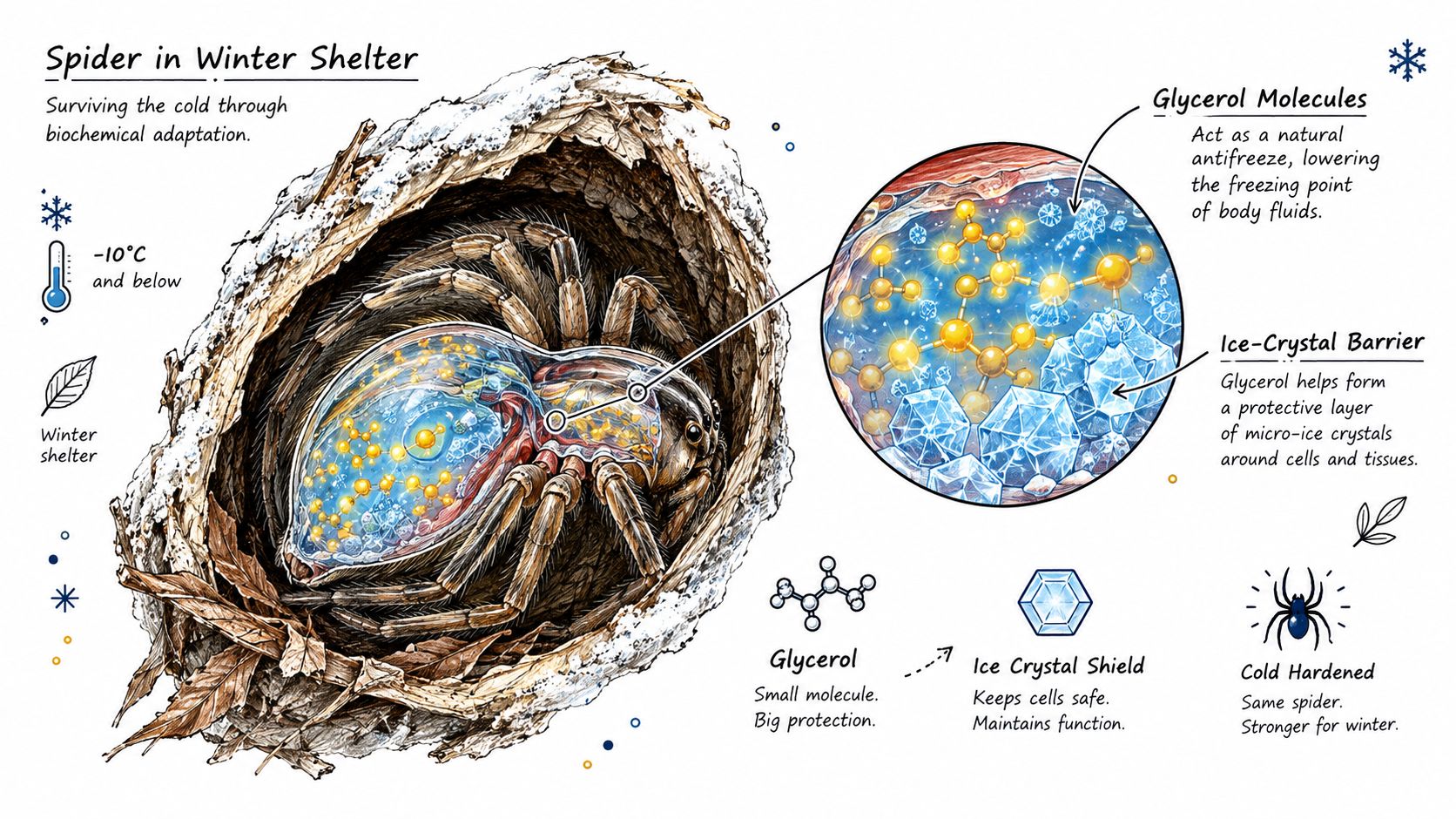 An illustration showing a spider in a winter shelter using glycerol molecules to survive freezing temperatures.