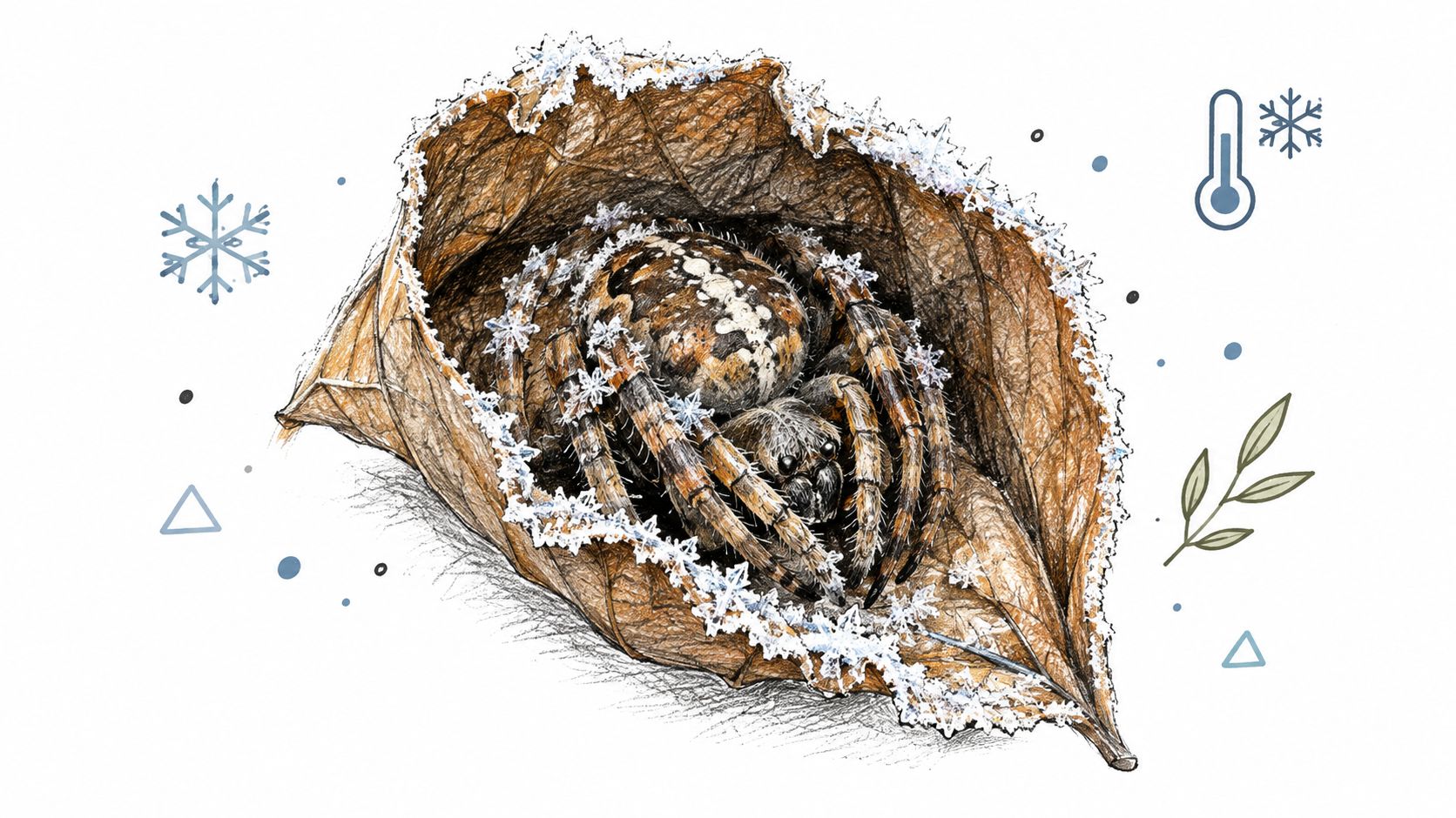 A detailed illustration of a garden spider curled up inside a dry, frost-covered leaf during winter.