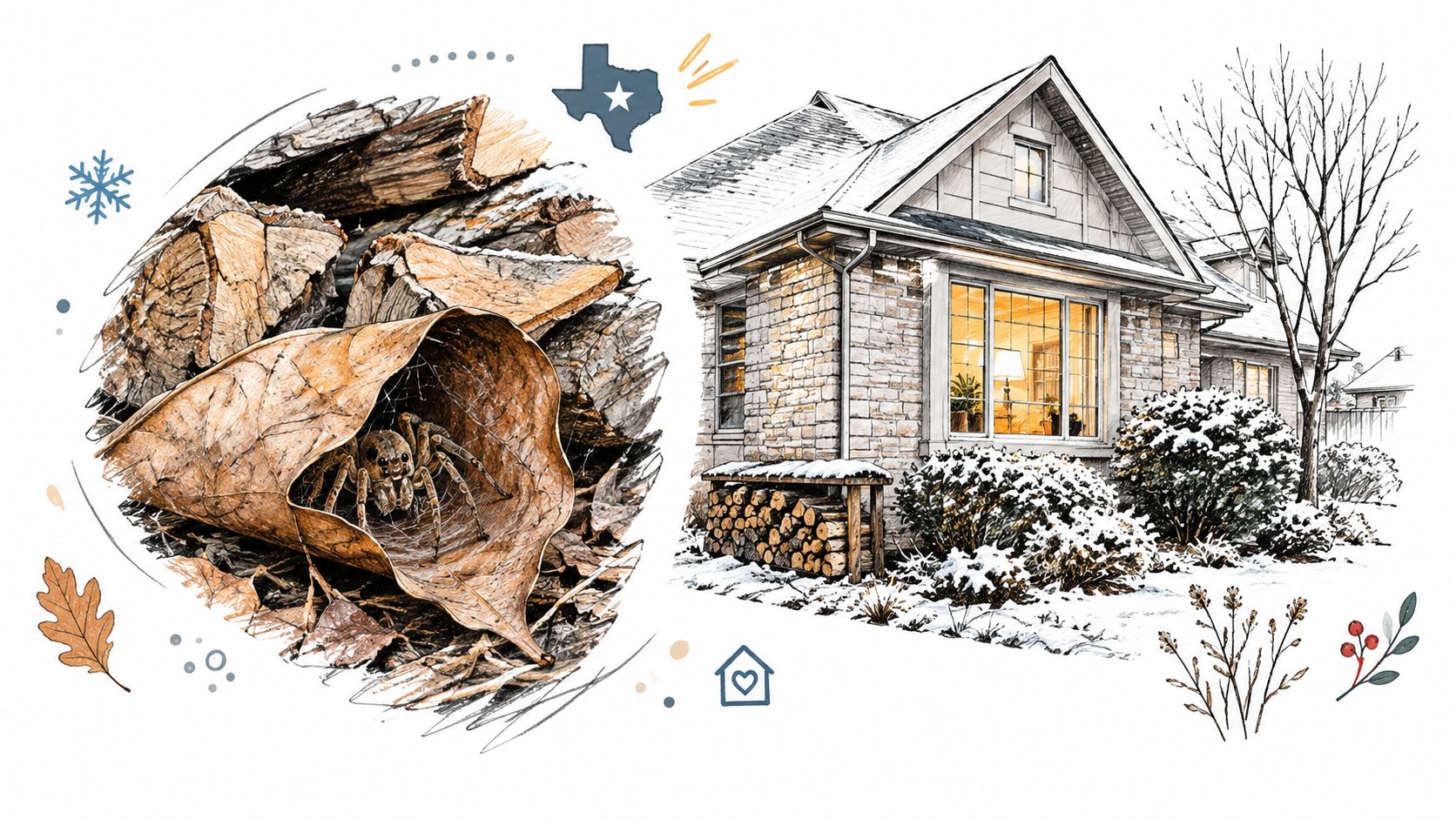 A split illustration showing a spider sheltering in a leaf and a cozy snowy house in winter.