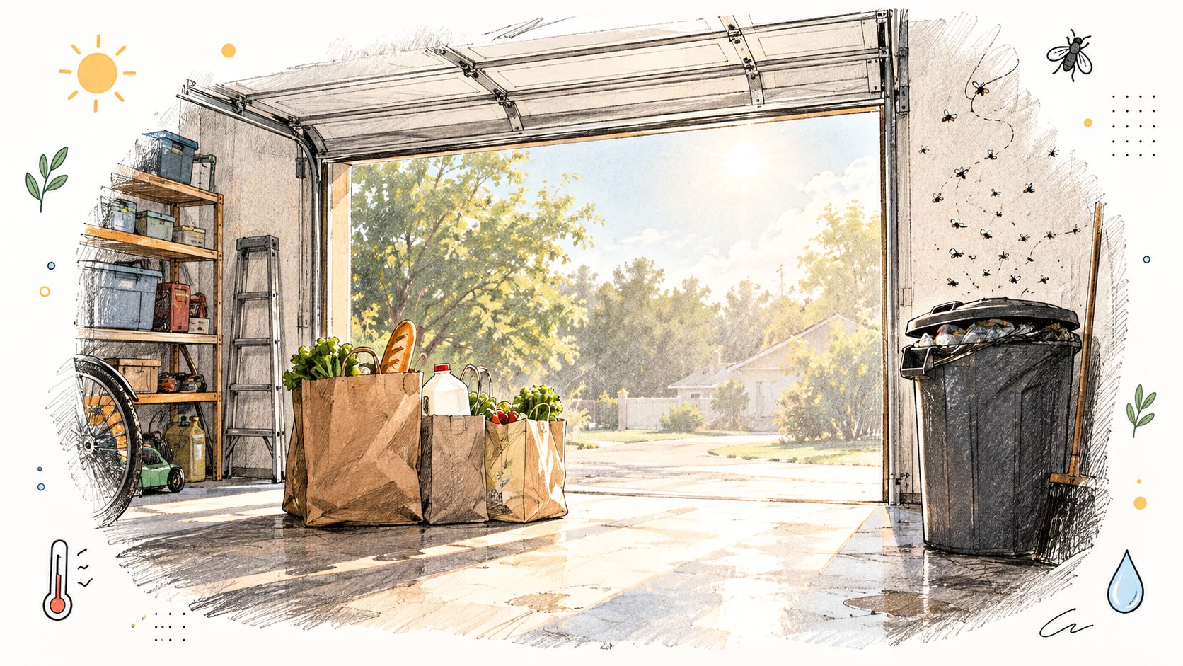 A garage interior with grocery bags on the floor and a trash can attracting a swarm of flies.