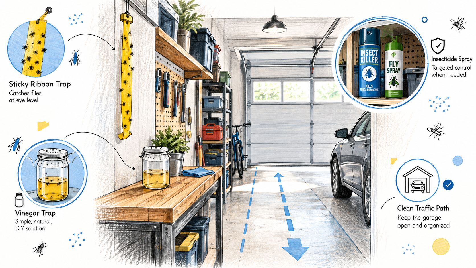 A diagram illustrating various methods to control flies in a garage, including traps and insecticide sprays.