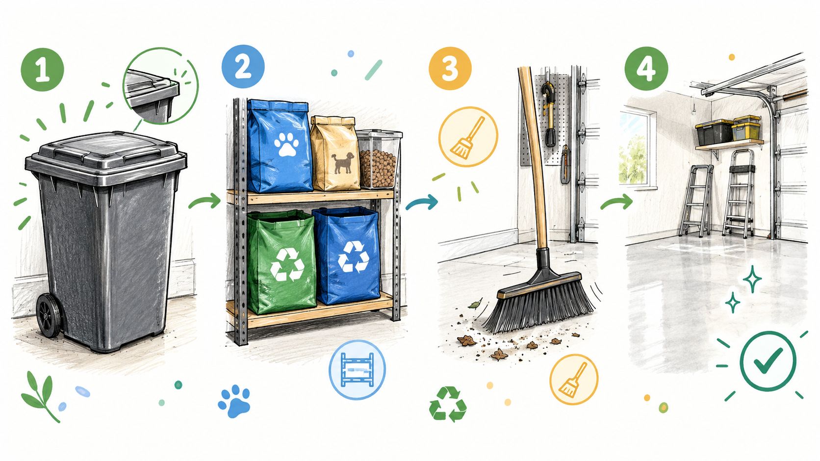 A step by step illustration showing how to clean a garage to prevent flies and pests.