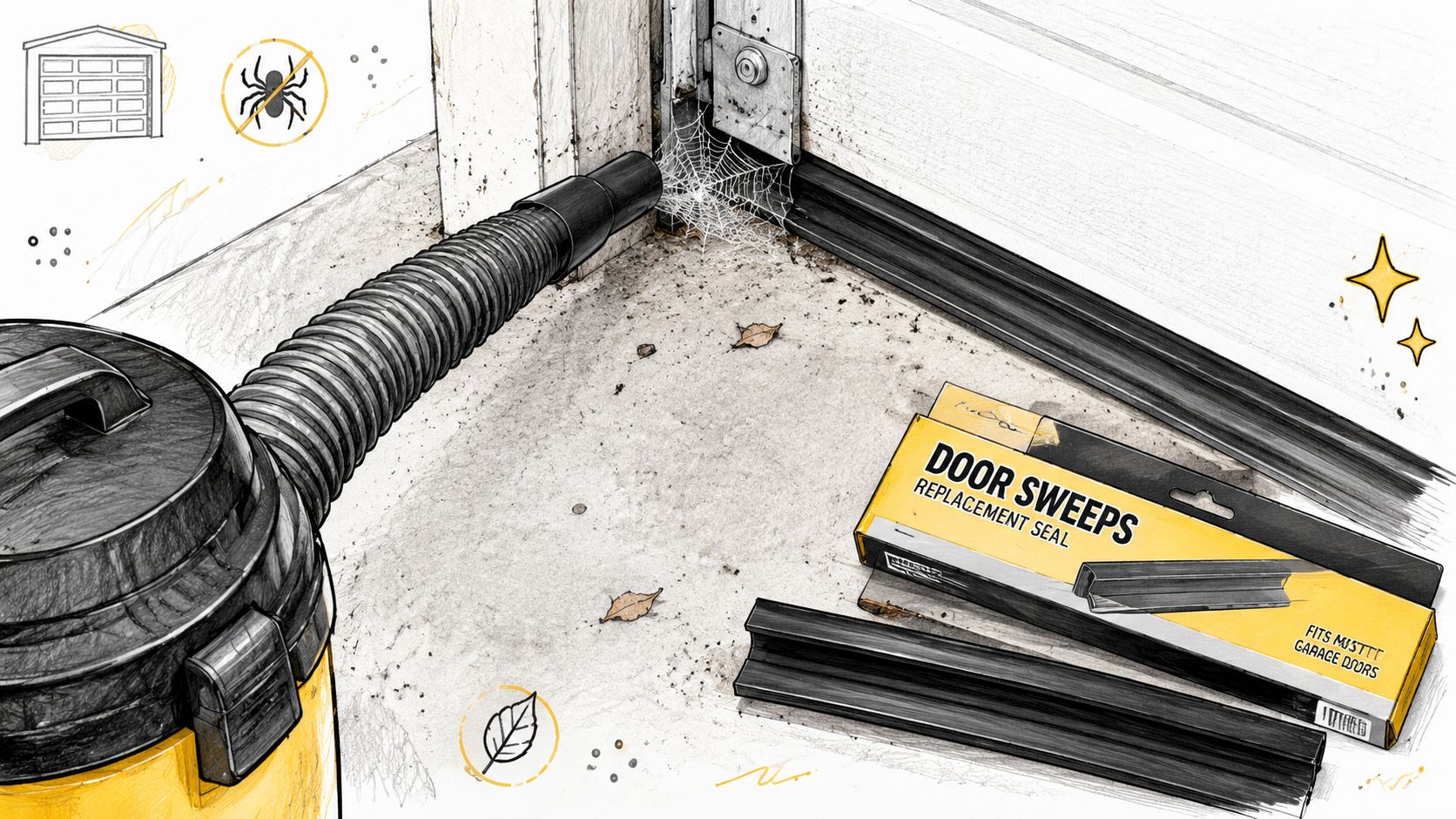 A shop vacuum cleaning a spiderweb near a garage door with a new door sweep seal package.