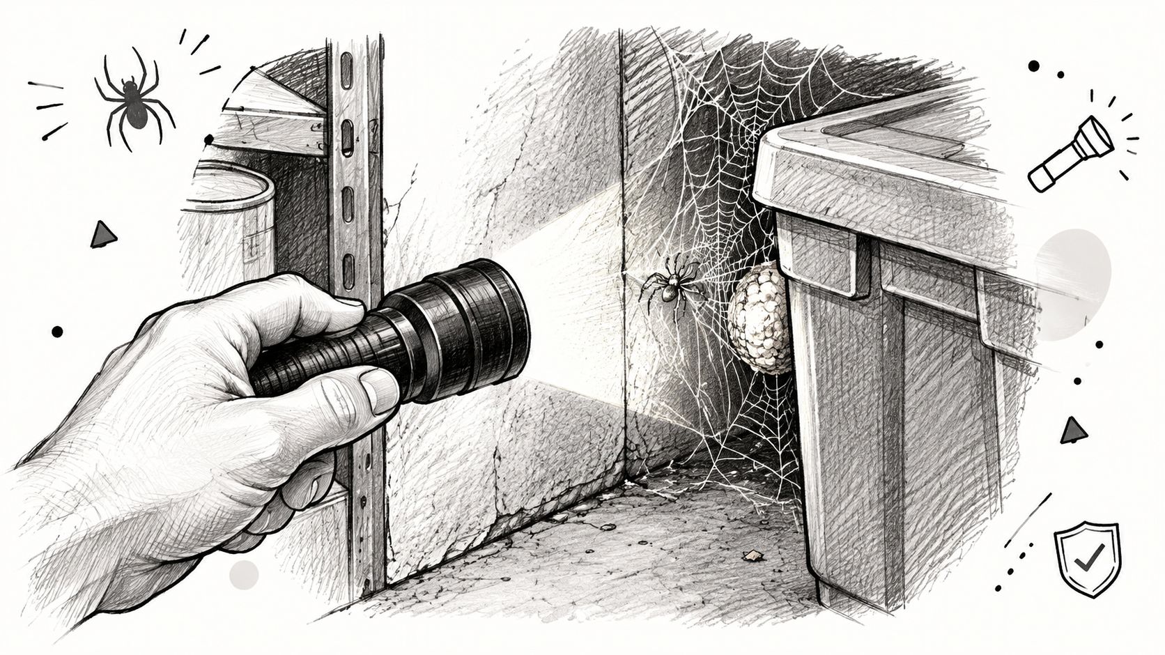 A hand holding a flashlight illuminating a spider and an egg sac in a dark garage corner.