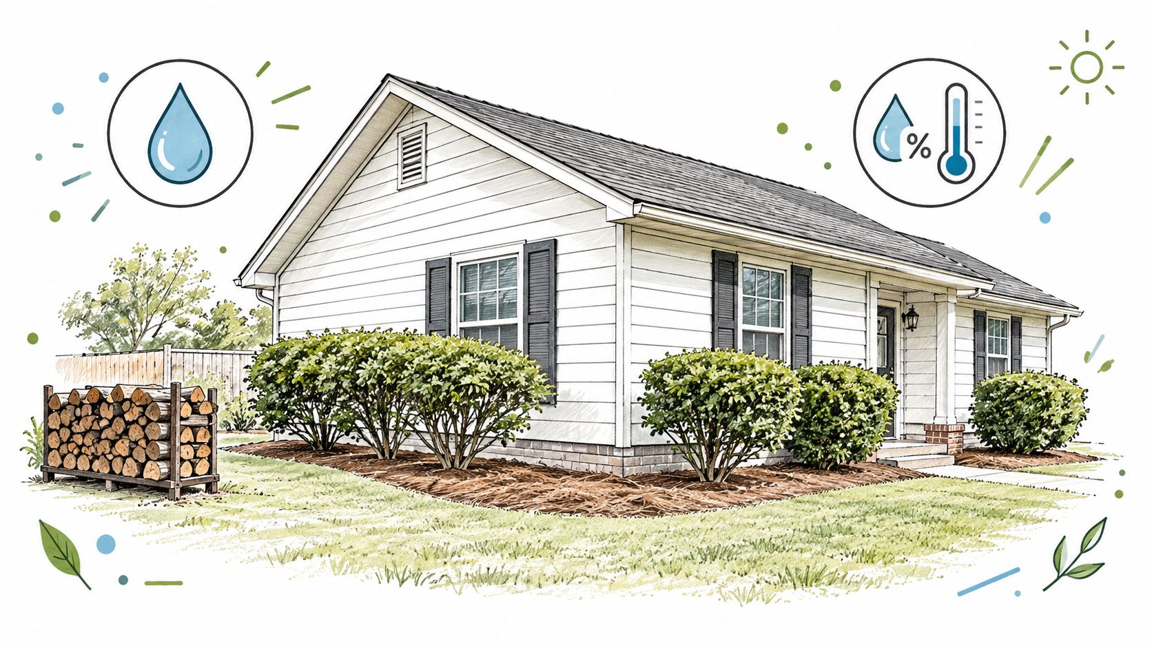 A house exterior with a wood pile and gardening, symbolizing preparation for residential pest control services.