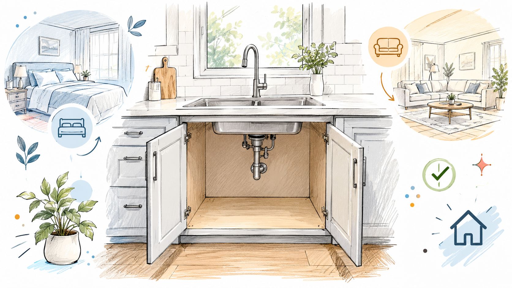 A sketched illustration showing kitchen cabinets under a sink alongside icons for a bedroom and living room.
