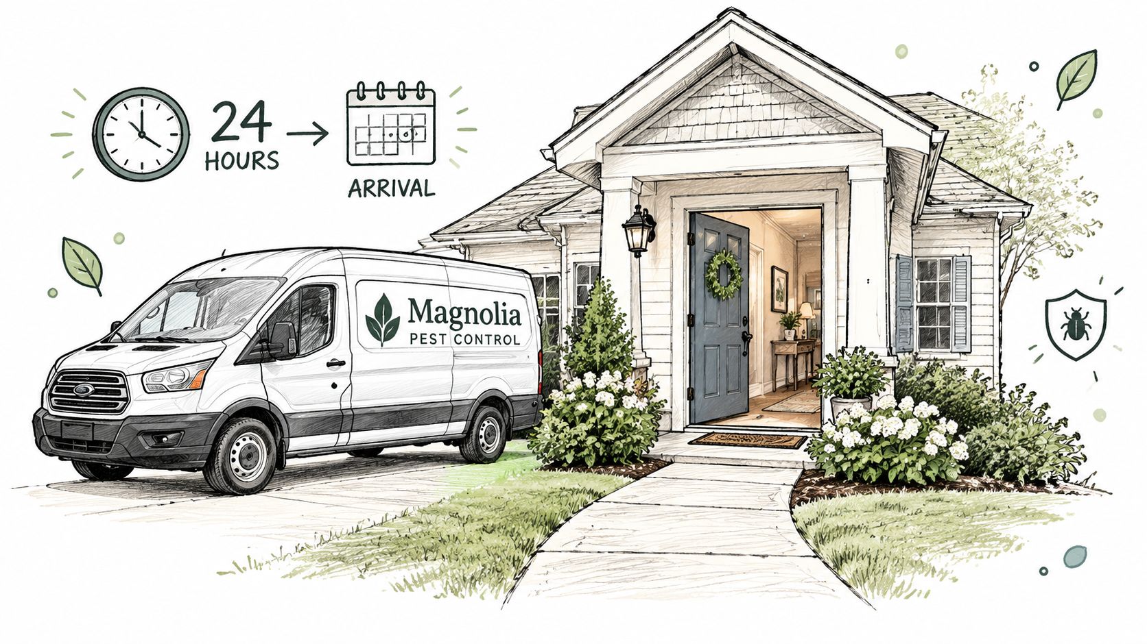 A Magnolia Pest Control van parked outside a residential house, highlighting 24-hour rapid arrival for professional services.