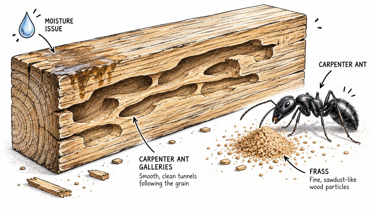 A detailed illustration showing a wood beam damaged by carpenter ants with sawdust-like frass and galleries.