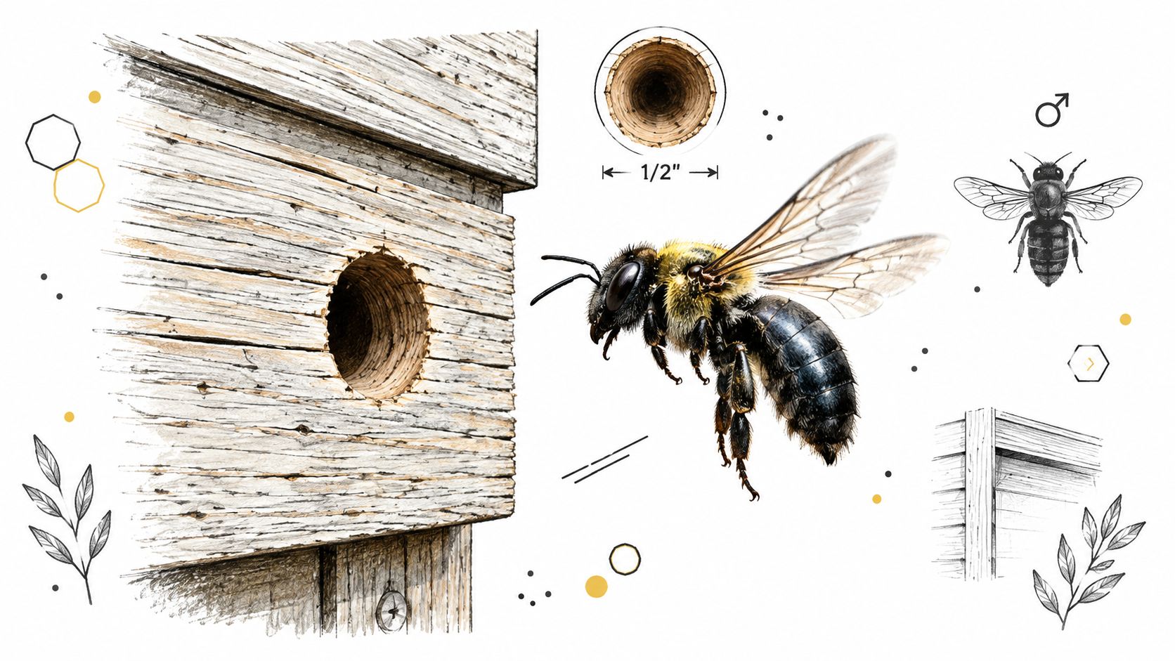 A detailed illustration of a carpenter bee hovering near a wooden nesting hole in a wooden structure.