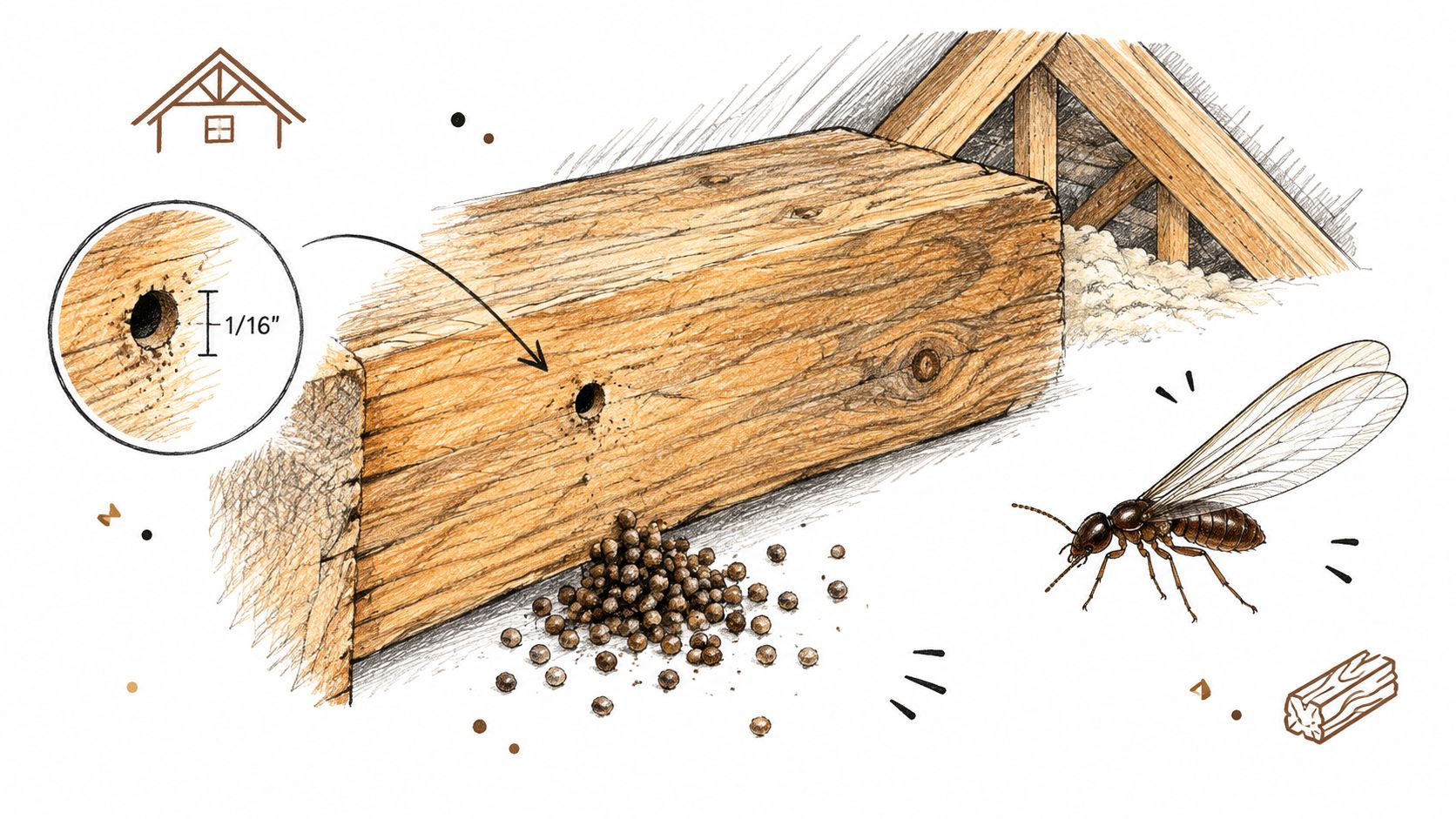A detailed illustration showing a winged termite next to damaged wood, exit holes, and piles of frass.