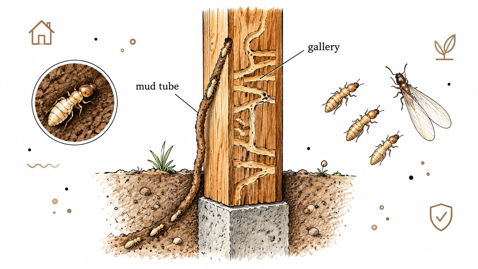 An educational illustration showing termites creating tunnels, galleries, and mud tubes inside and on wooden structures.
